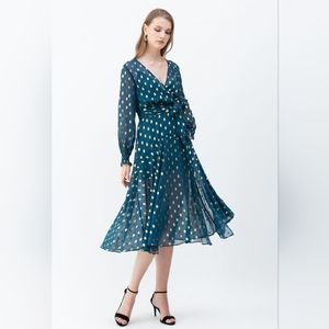 OVAL DOTS SEMI-SHEER SPLIT WRAP DRESS IN EMERALD